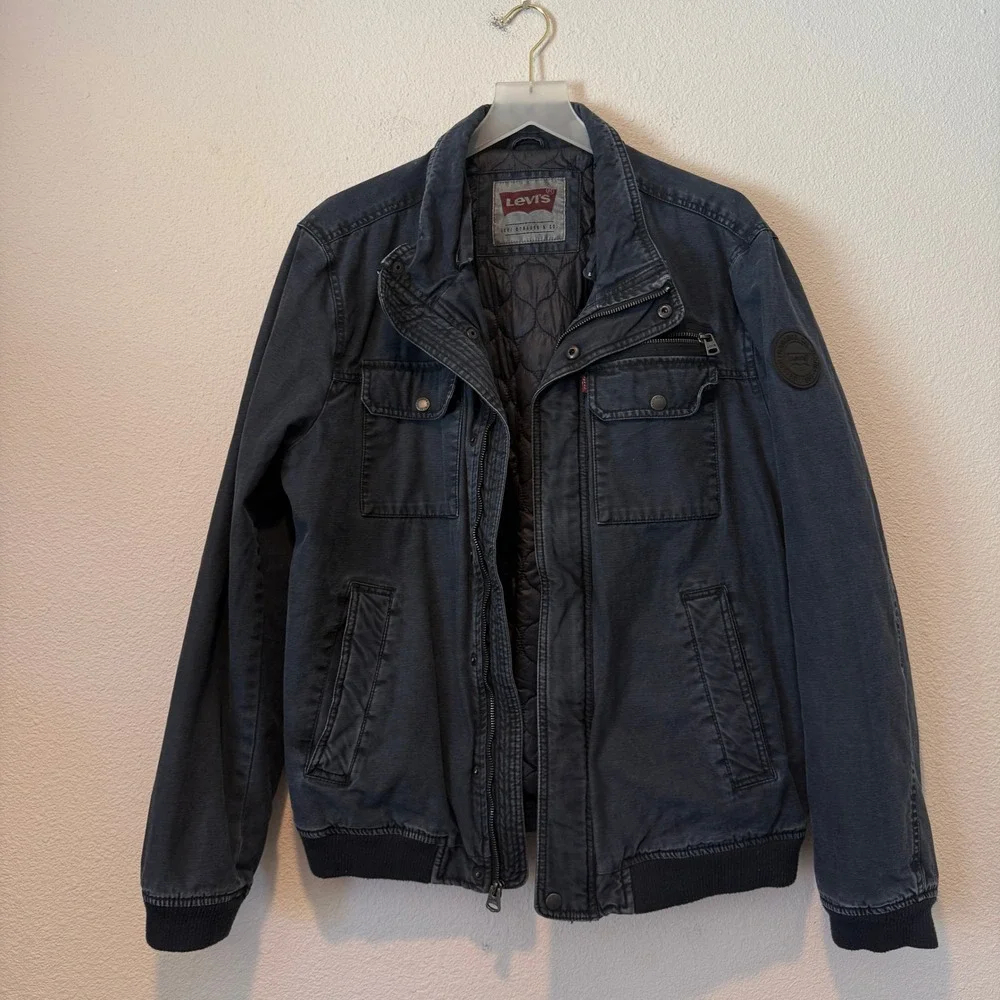 Levis Mens Military Field Bomber Jacket Charcoal Gray Cotton Quilted Lining L